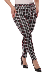 Wholesale Womens Plus Size Treggings With Self Belt - Red & Black Plaid - S&G Apparel