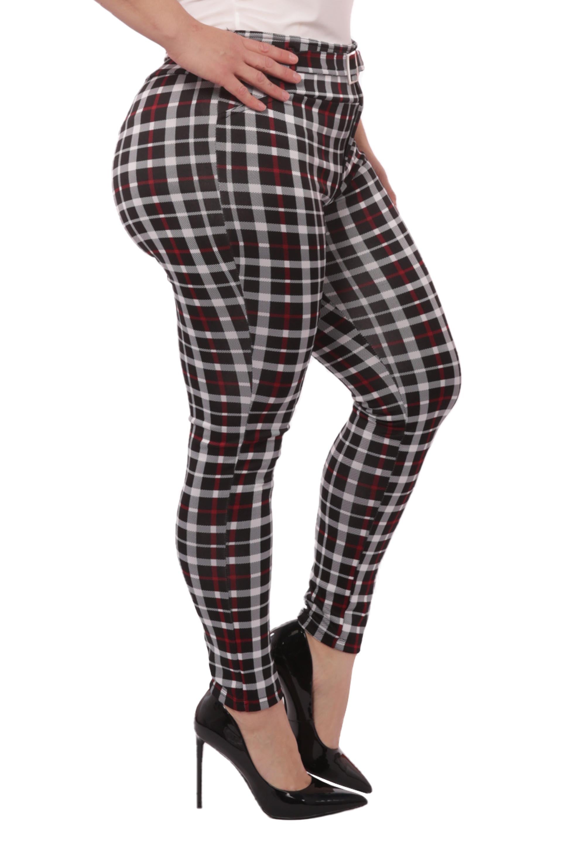 Wholesale Womens Plus Size Treggings With Self Belt - Red & Black Plaid - S&G Apparel