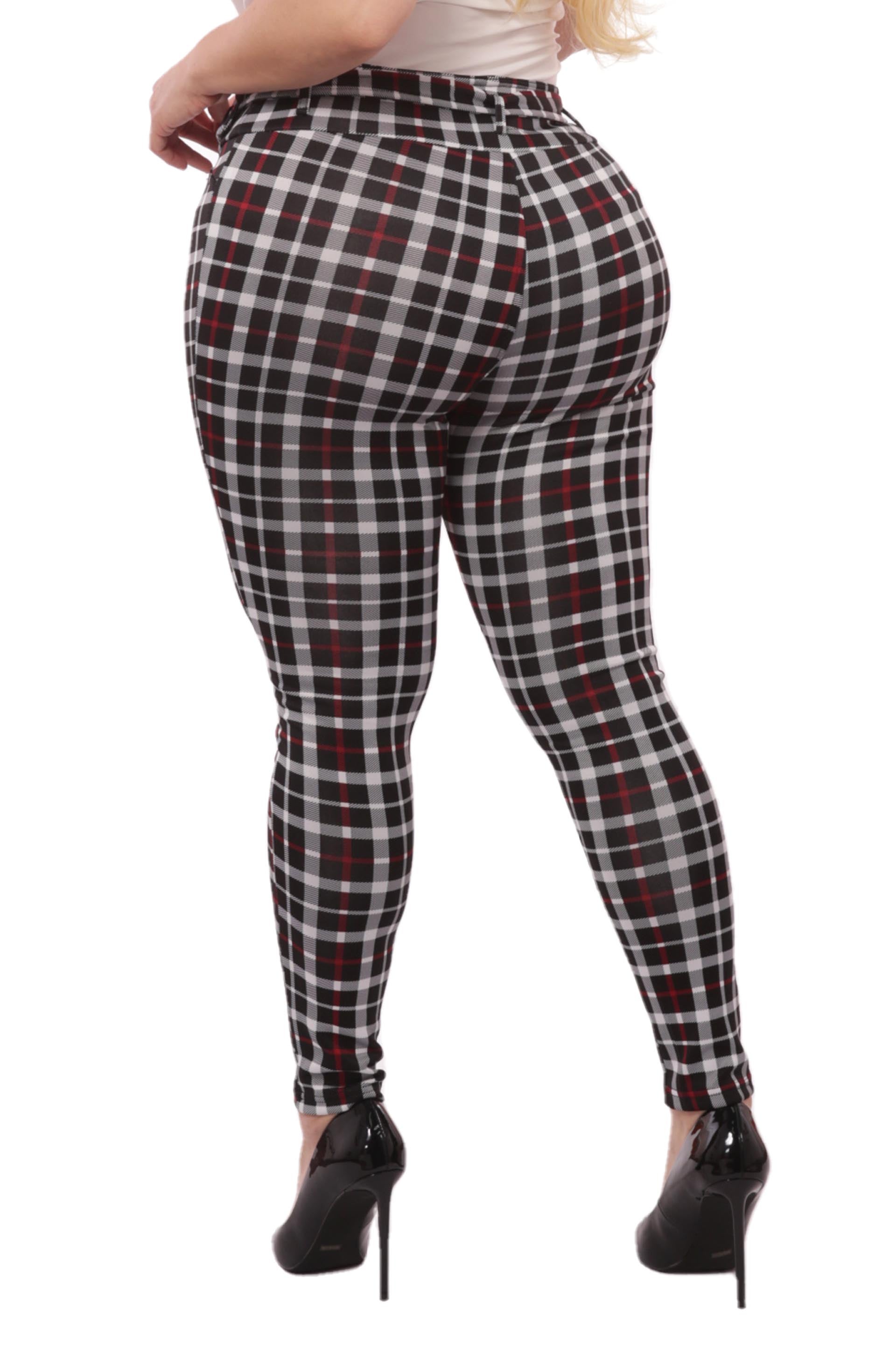 Wholesale Womens Plus Size Treggings With Self Belt - Red & Black Plaid - S&G Apparel