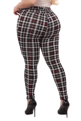 Wholesale Womens Plus Size Treggings With Self Belt - Red & Black Plaid - S&G Apparel