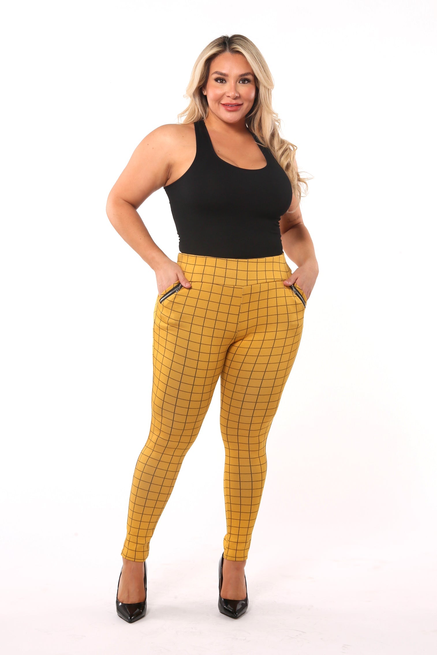 Wholesale Womens Plus Size Treggings With Zipper Pocket Trim - Mustard & Black Plaid - S&G Apparel