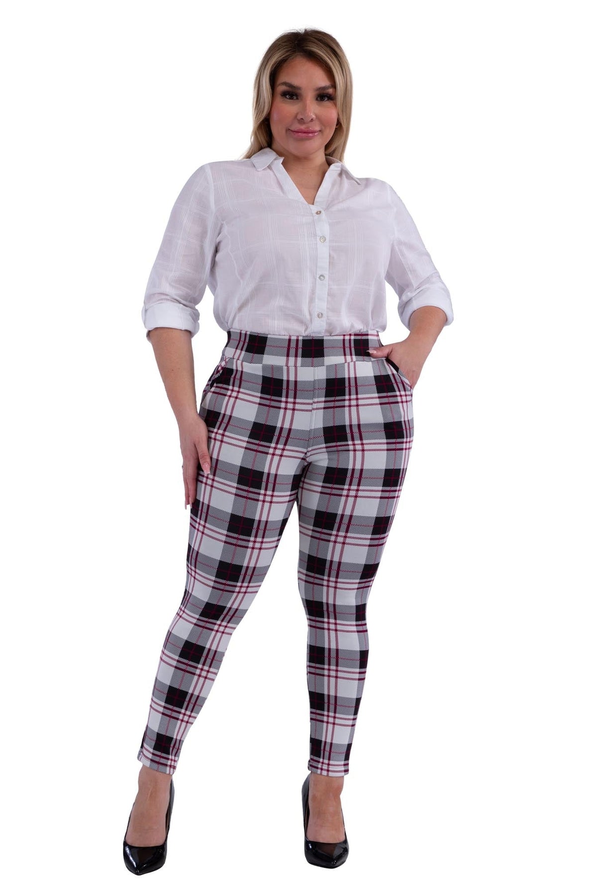 Wholesale Womens Plus Size Tummy Control Sculpting Treggings - Black, White, Red Plaid - S&G Apparel