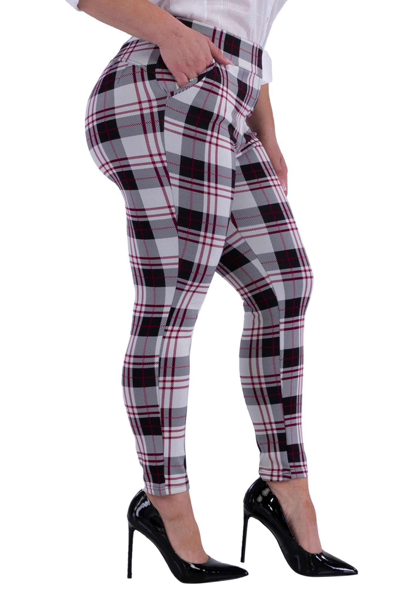 Wholesale Womens Plus Size Tummy Control Sculpting Treggings - Black, White, Red Plaid - S&G Apparel