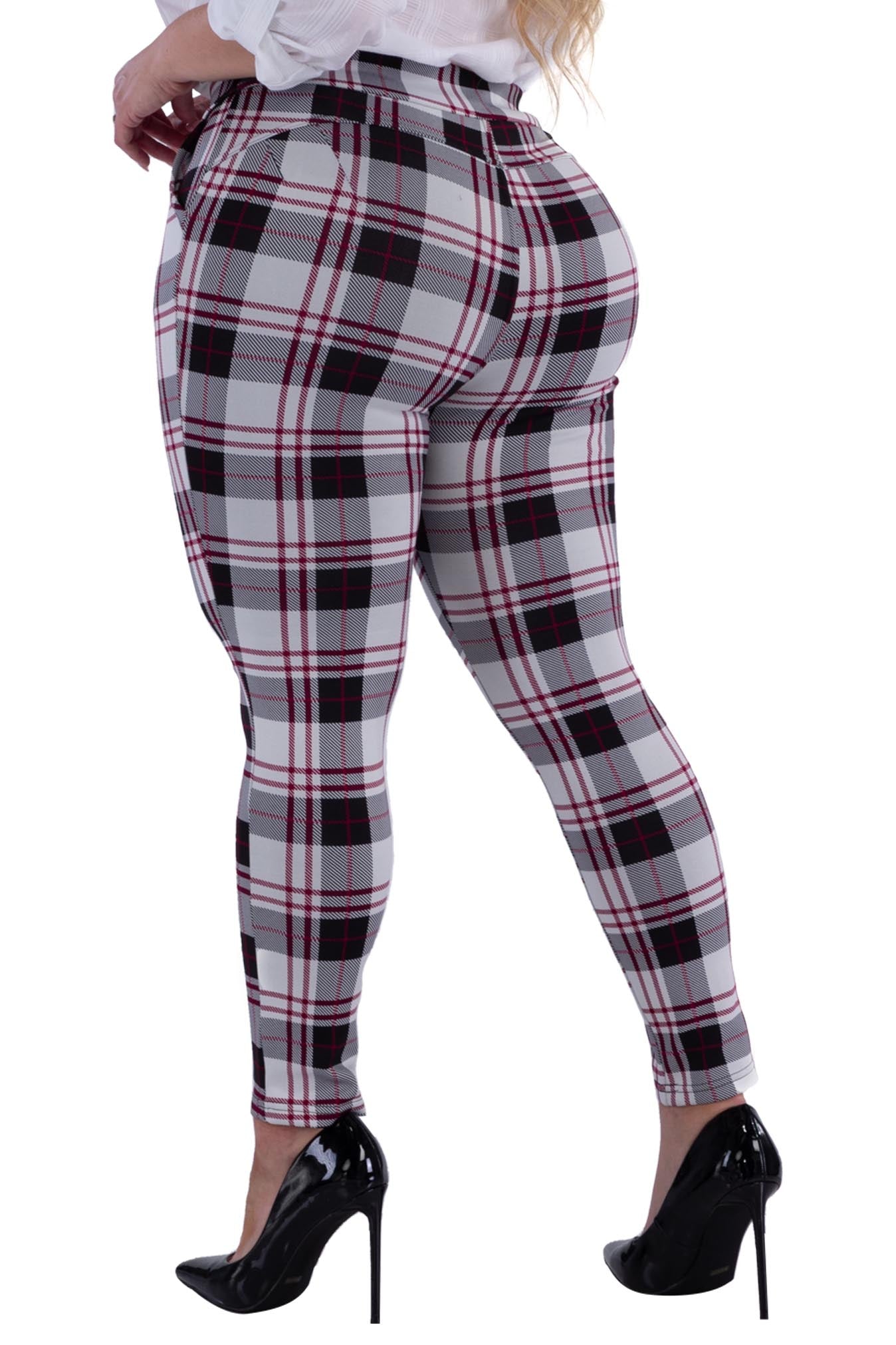 Wholesale Womens Plus Size Tummy Control Sculpting Treggings - Black, White, Red Plaid - S&G Apparel