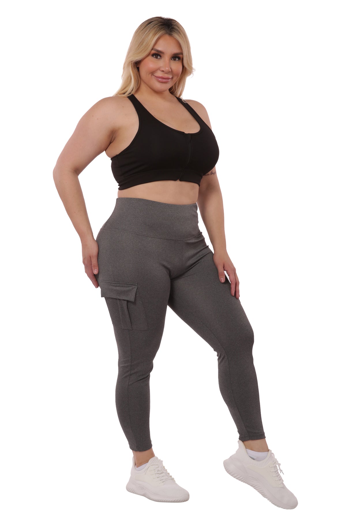 Wholesale Womens Plus Size Tummy Control Sports Leggings With Side Cargo Pockets - Grey - S&G Apparel