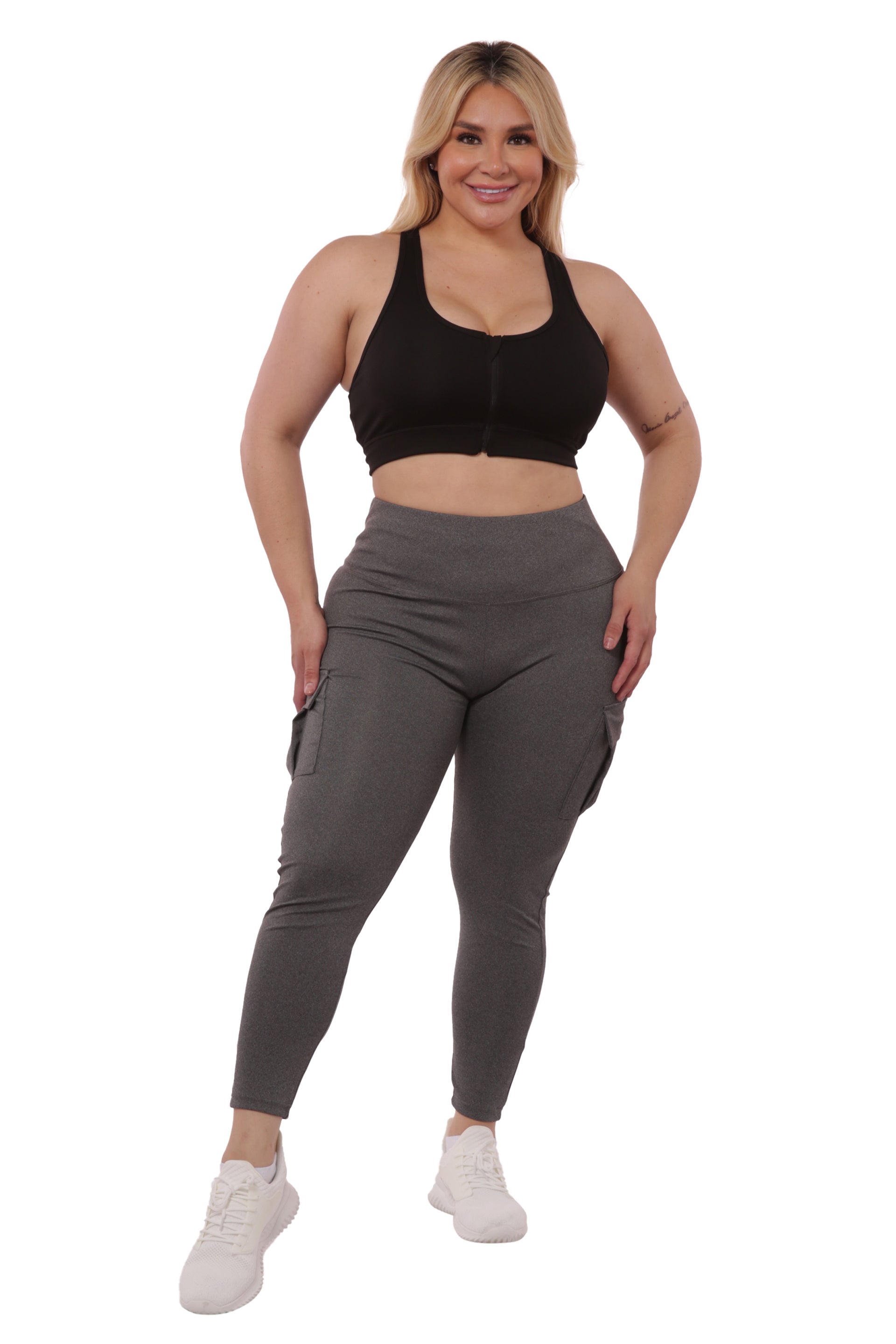 Wholesale Womens Plus Size Tummy Control Sports Leggings With Side Cargo Pockets - Grey - S&G Apparel