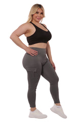 Wholesale Womens Plus Size Tummy Control Sports Leggings With Side Cargo Pockets - Grey - S&G Apparel