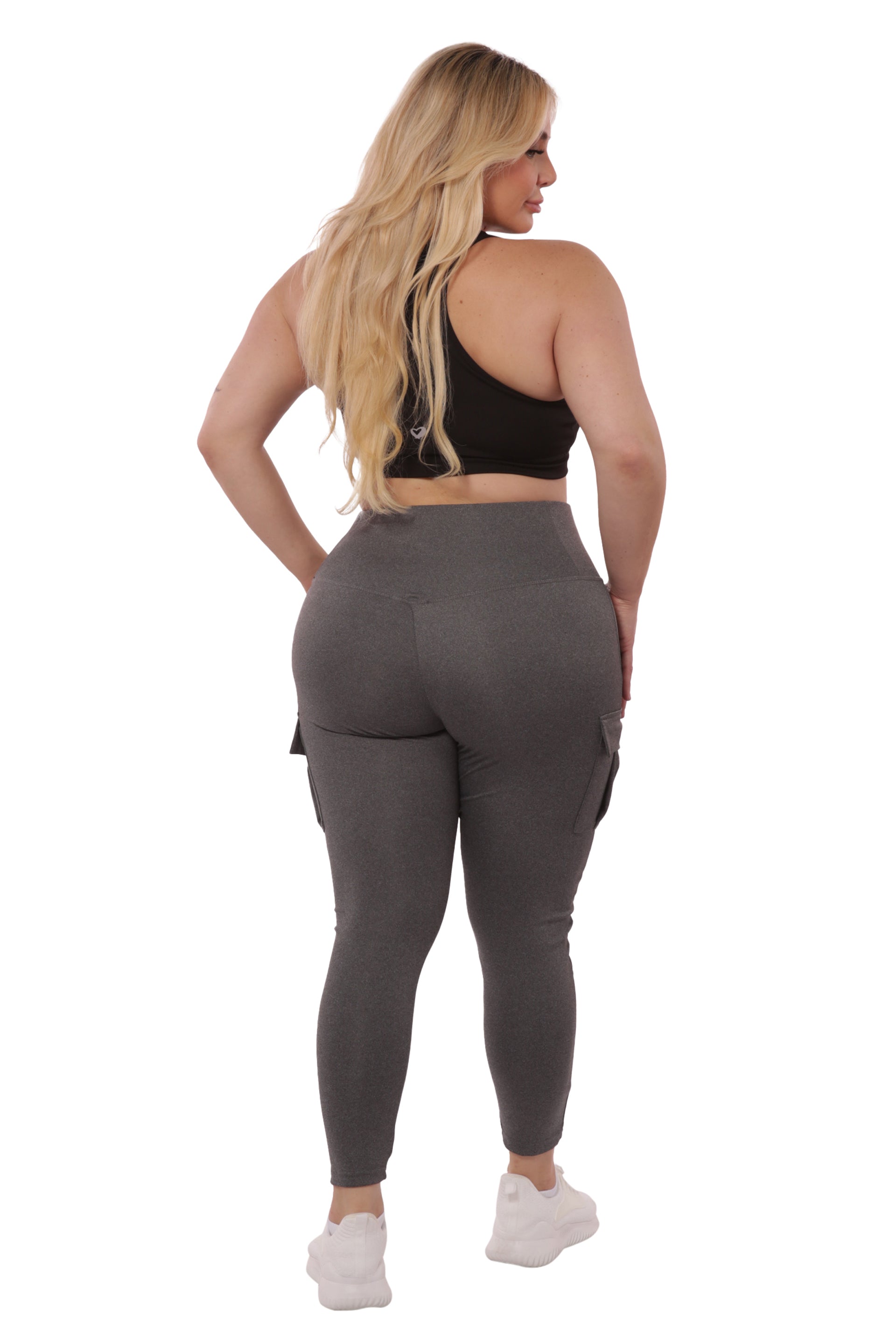 Wholesale Womens Plus Size Tummy Control Sports Leggings With Side Cargo Pockets - Grey - S&G Apparel