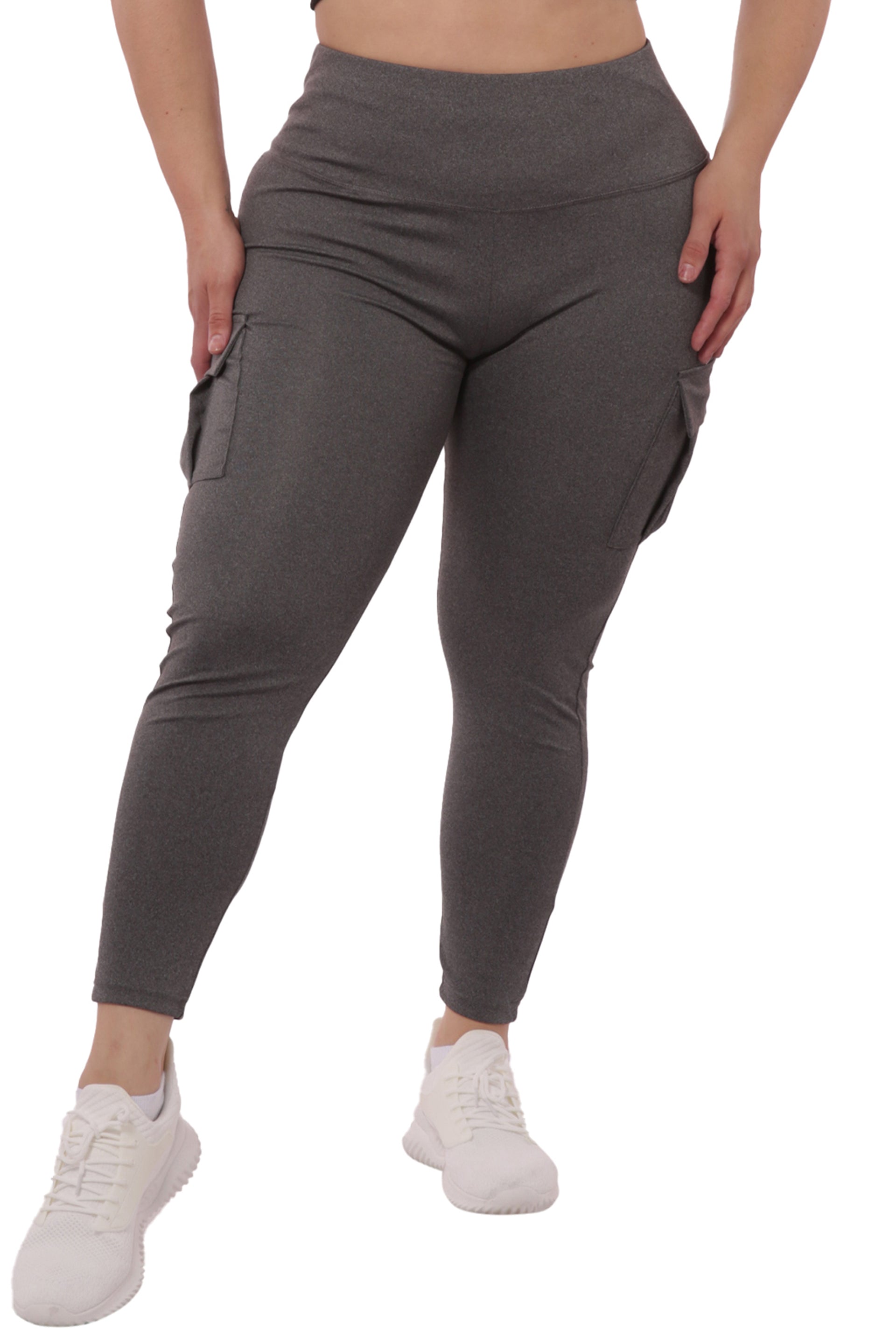 Wholesale Womens Plus Size Tummy Control Sports Leggings With Side Cargo Pockets - Grey - S&G Apparel