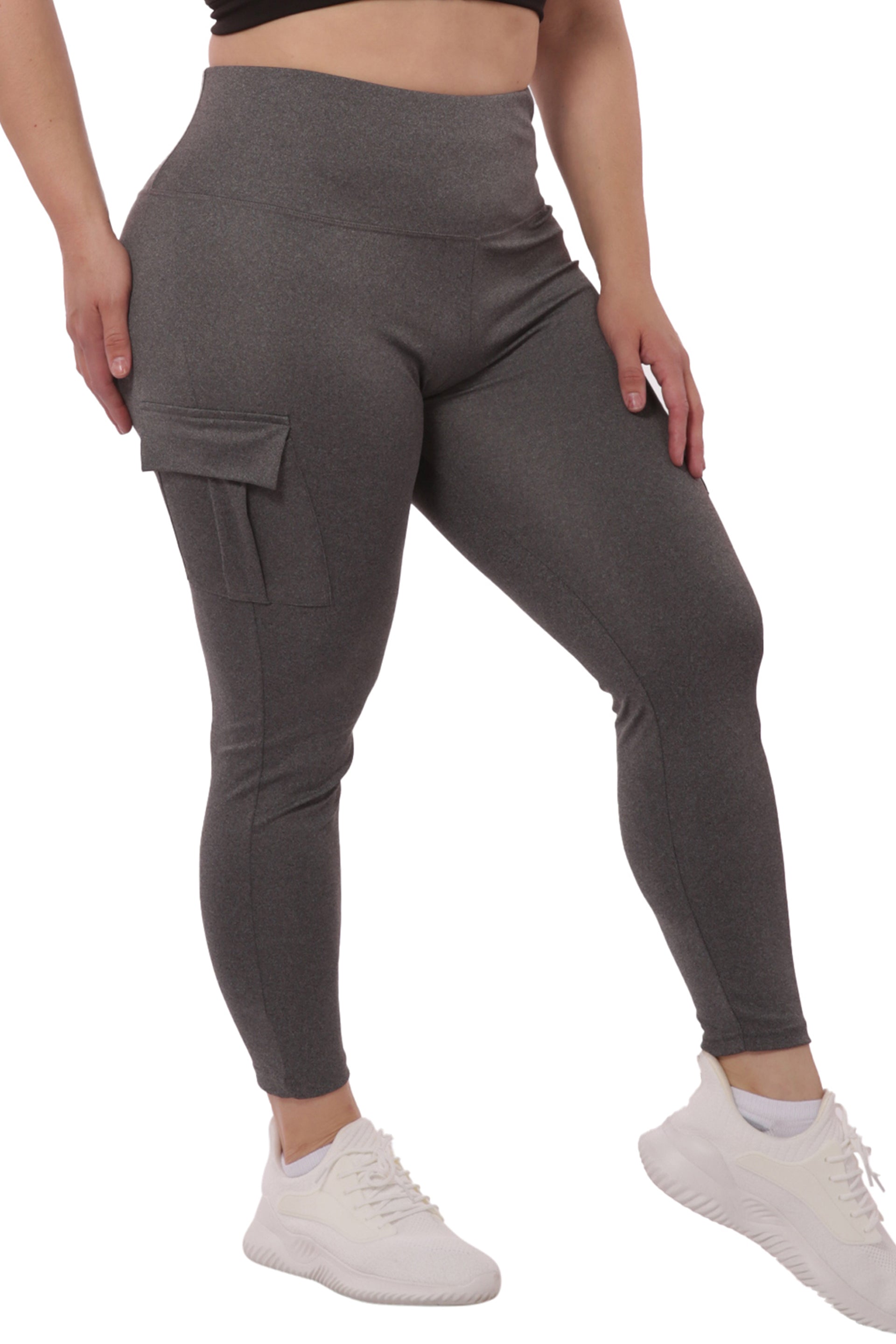 Wholesale Womens Plus Size Tummy Control Sports Leggings With Side Cargo Pockets - Grey - S&G Apparel