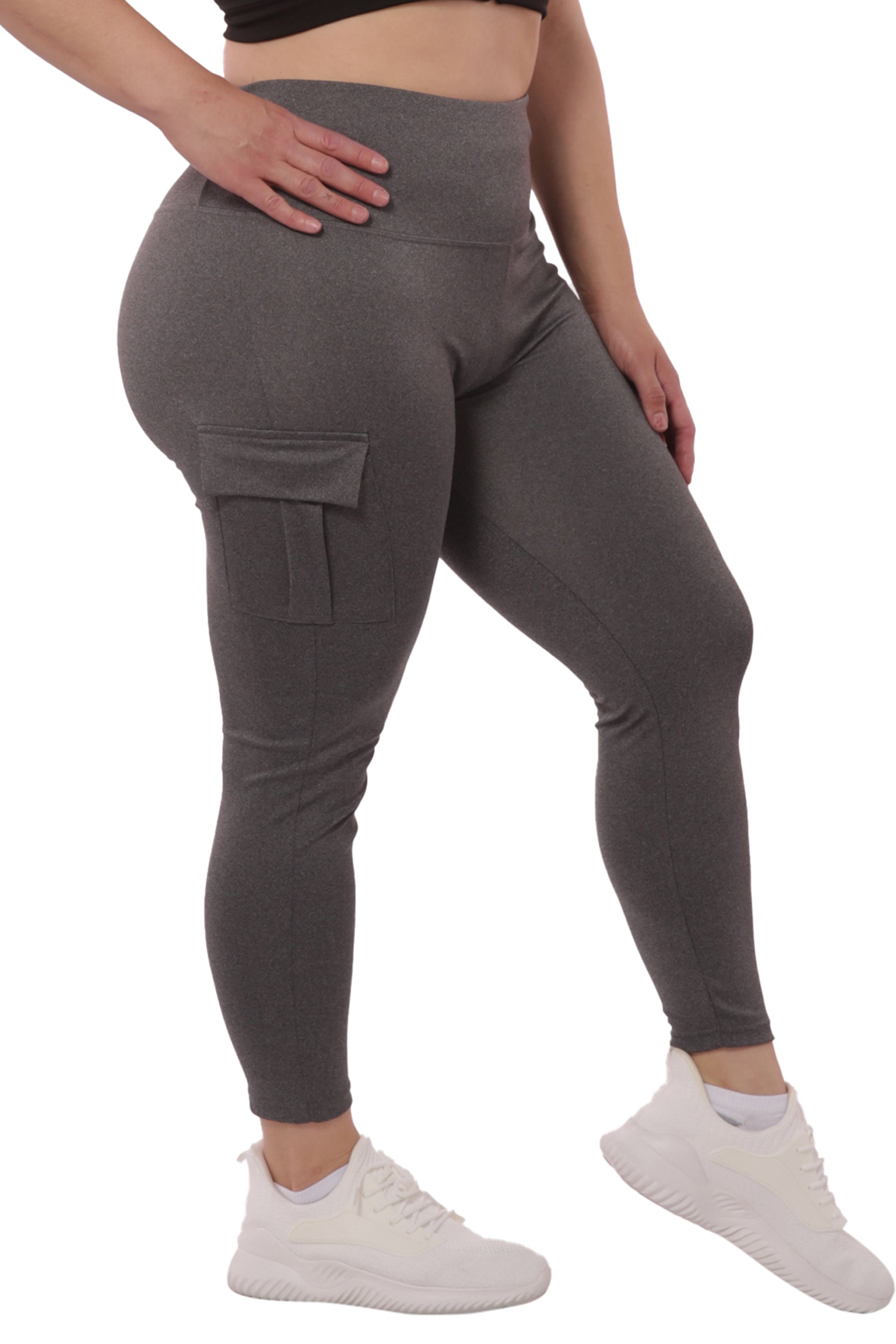 Wholesale Womens Plus Size Tummy Control Sports Leggings With Side Cargo Pockets - Grey - S&G Apparel