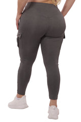 Wholesale Womens Plus Size Tummy Control Sports Leggings With Side Cargo Pockets - Grey - S&G Apparel