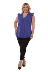 Wholesale Womens Plus Size V-Neck Tops With Ruffle Armhole Detail - Blue - S&G Apparel