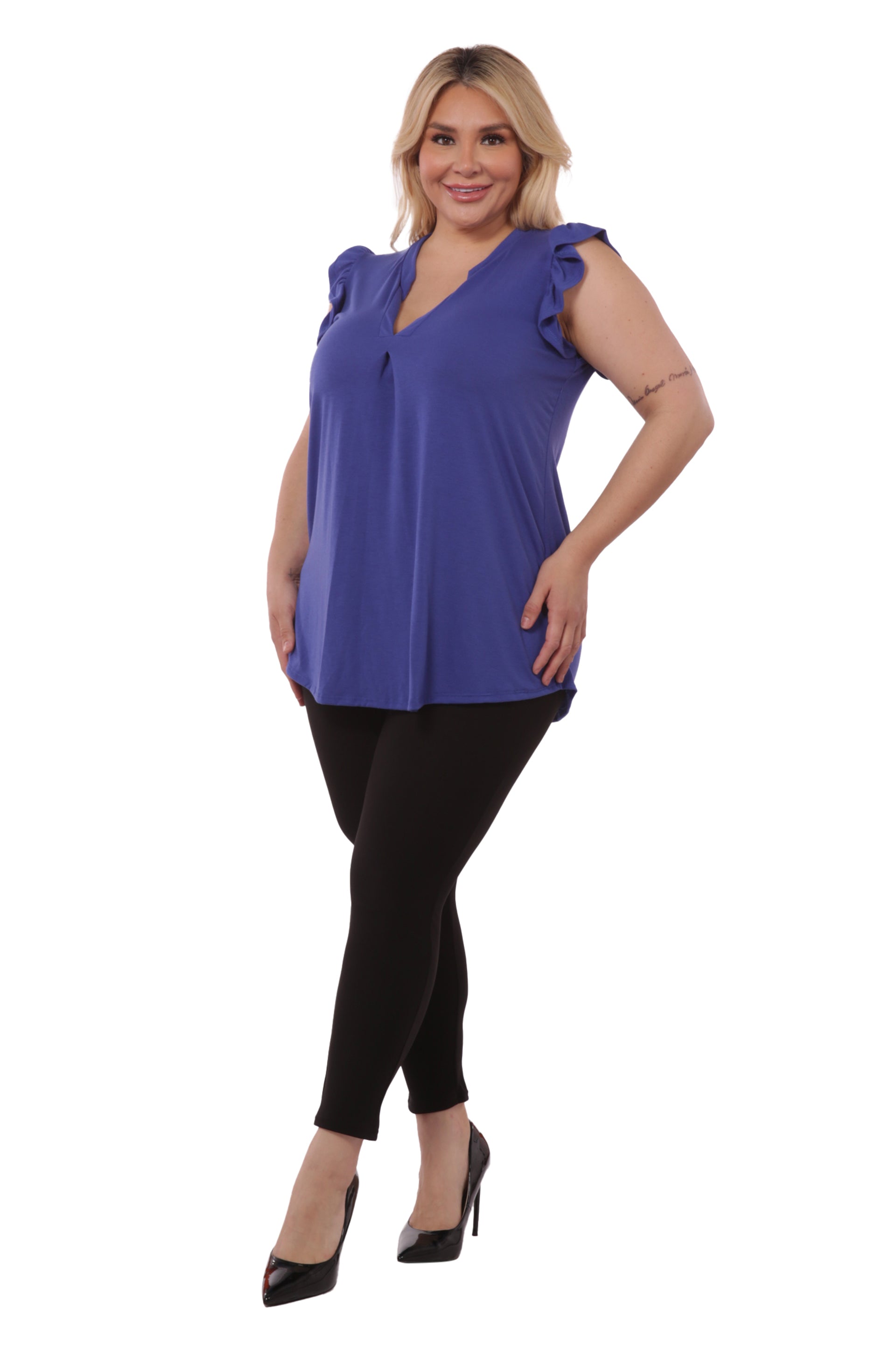 Wholesale Womens Plus Size V-Neck Tops With Ruffle Armhole Detail - Blue - S&G Apparel