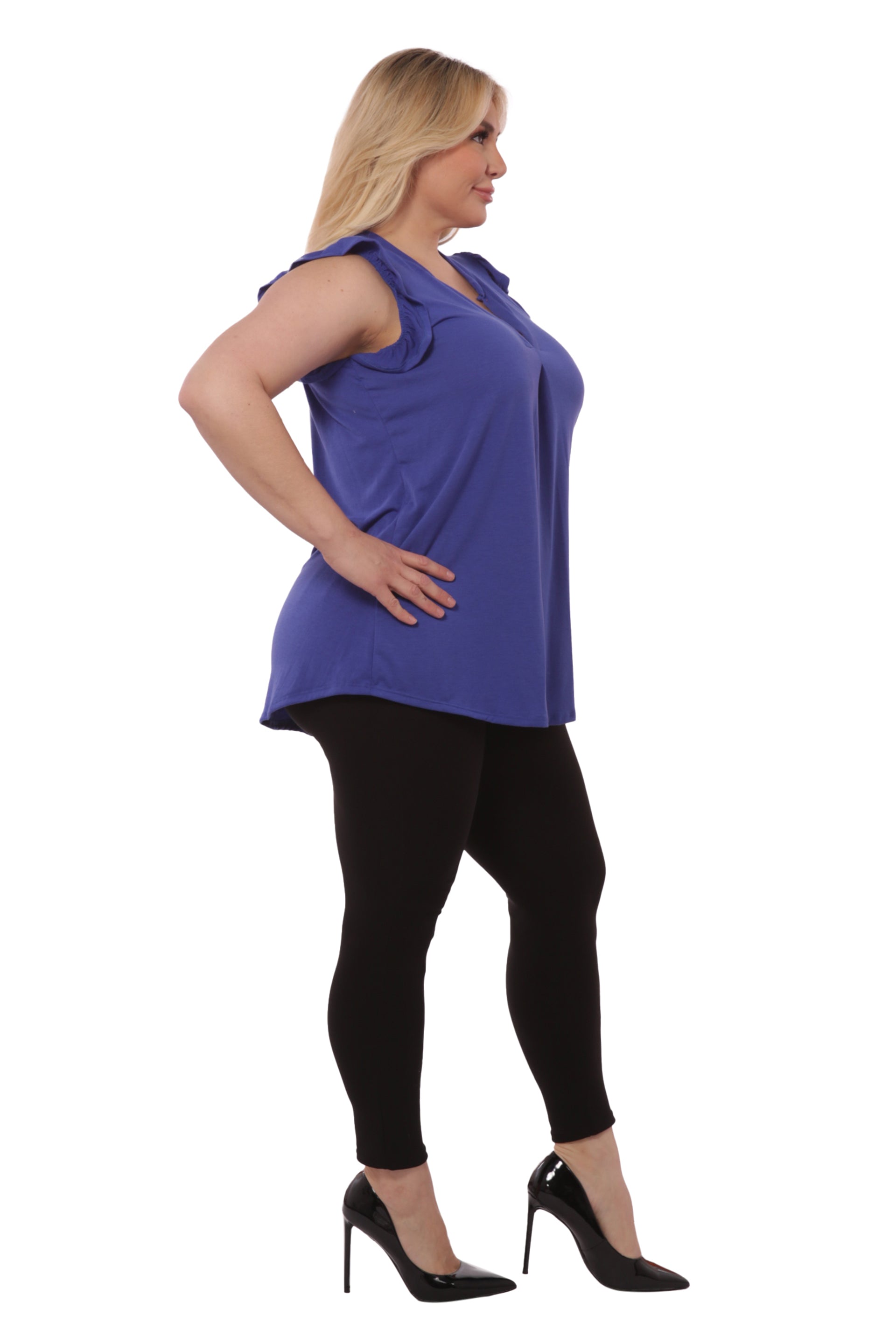 Wholesale Womens Plus Size V-Neck Tops With Ruffle Armhole Detail - Blue - S&G Apparel