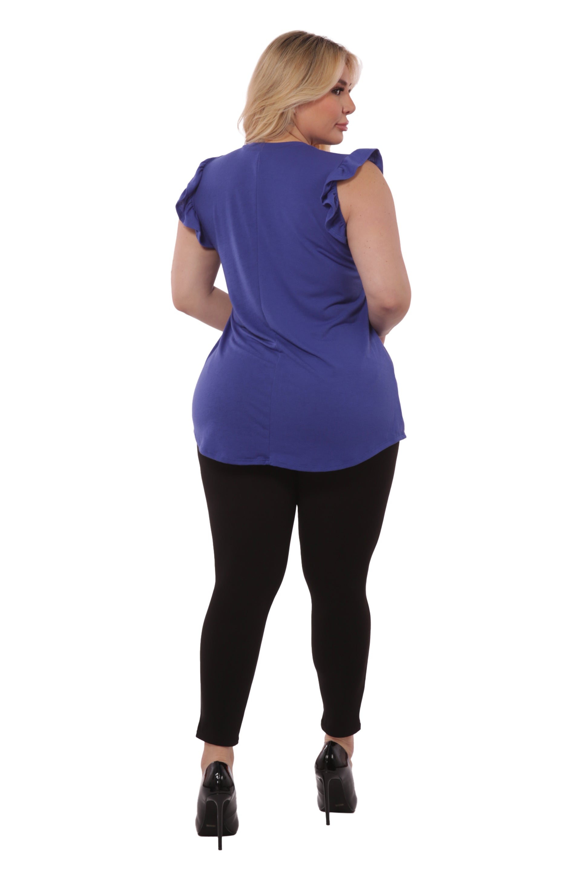 Wholesale Womens Plus Size V-Neck Tops With Ruffle Armhole Detail - Blue - S&G Apparel