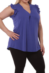 Wholesale Womens Plus Size V-Neck Tops With Ruffle Armhole Detail - Blue - S&G Apparel