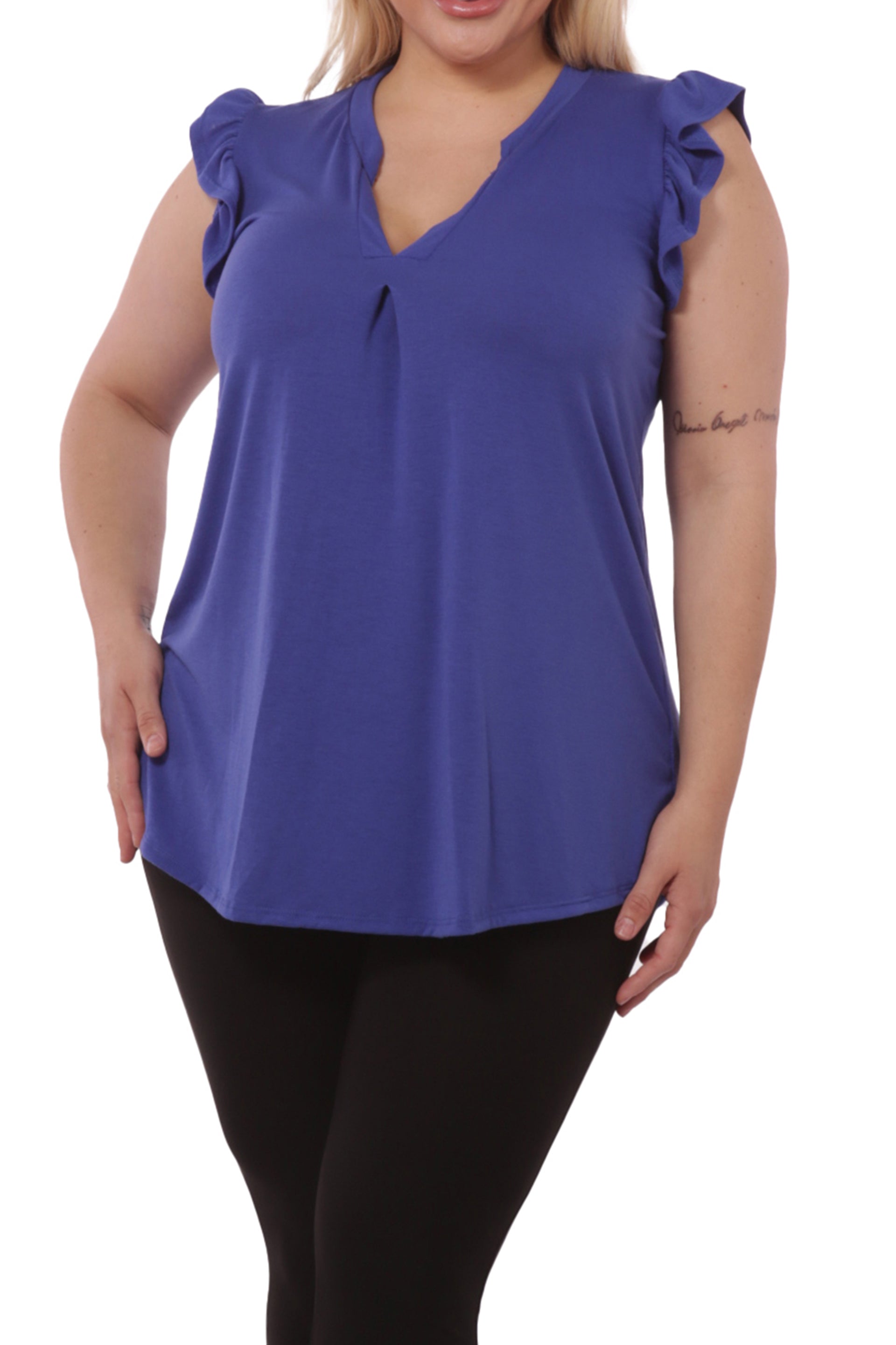 Wholesale Womens Plus Size V-Neck Tops With Ruffle Armhole Detail - Blue - S&G Apparel