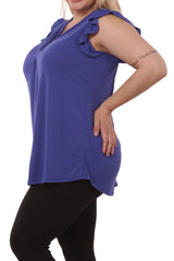 Wholesale Womens Plus Size V-Neck Tops With Ruffle Armhole Detail - Blue - S&G Apparel