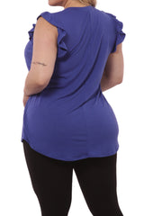 Wholesale Womens Plus Size V-Neck Tops With Ruffle Armhole Detail - Blue - S&G Apparel