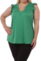 Wholesale Womens Plus Size V-Neck Tops With Ruffle Armhole Detail - Green - S&G Apparel