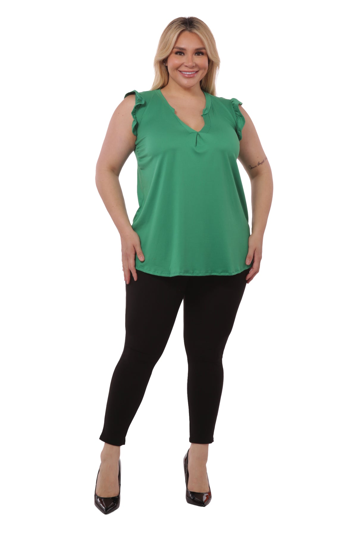 Wholesale Womens Plus Size V-Neck Tops With Ruffle Armhole Detail - Green - S&G Apparel