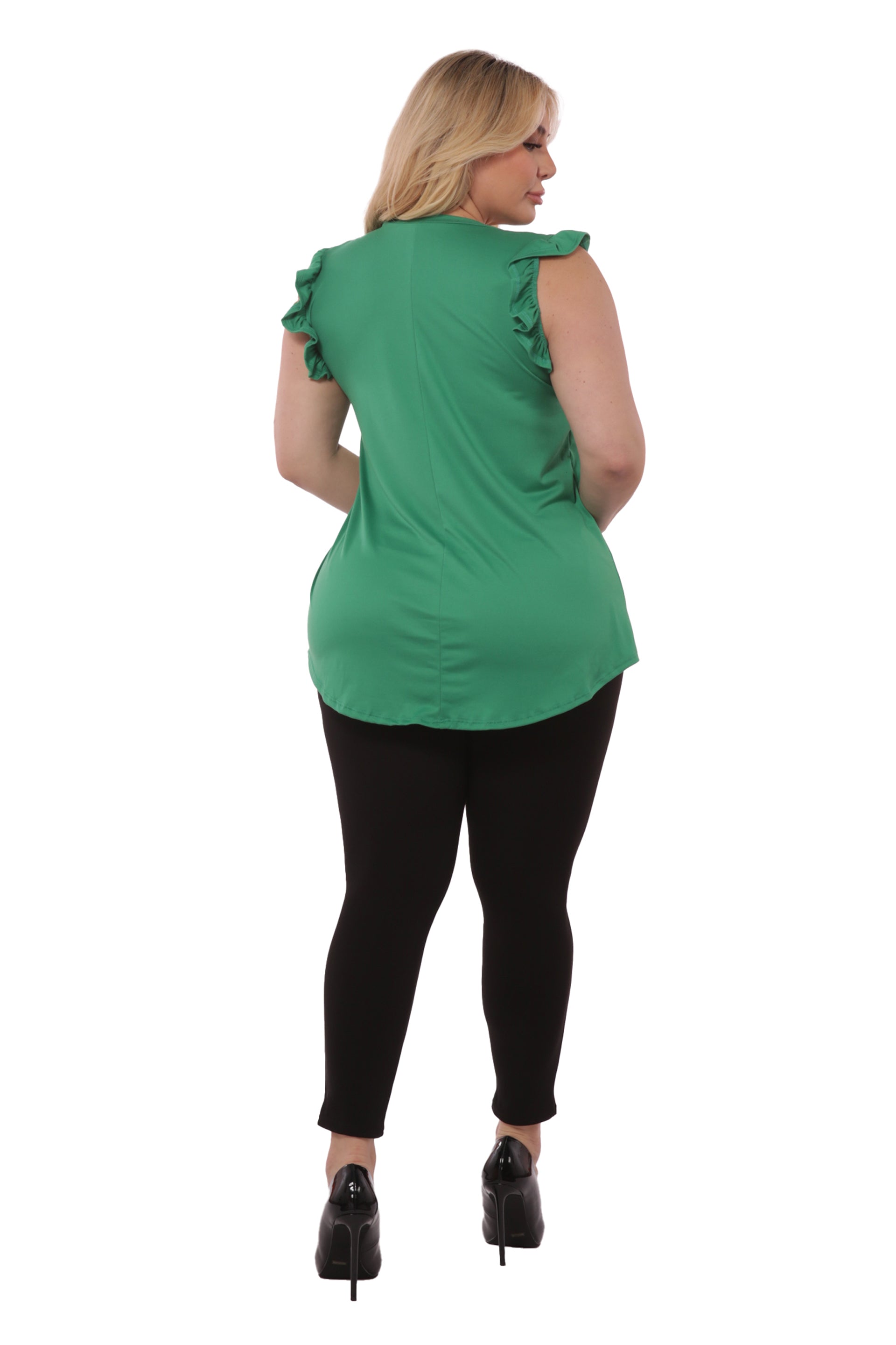 Wholesale Womens Plus Size V-Neck Tops With Ruffle Armhole Detail - Green - S&G Apparel