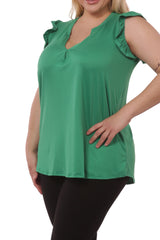 Wholesale Womens Plus Size V-Neck Tops With Ruffle Armhole Detail - Green - S&G Apparel