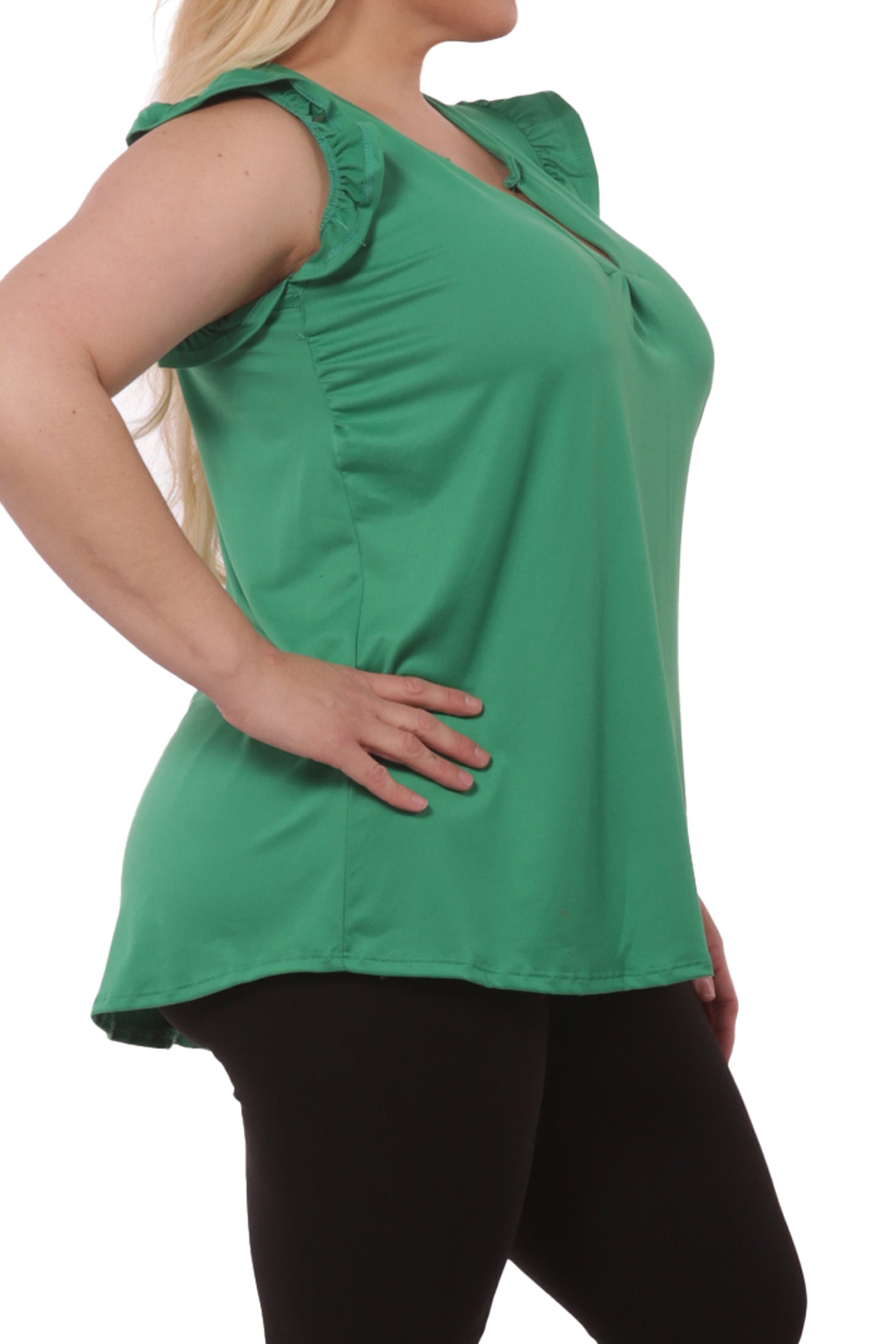 Wholesale Womens Plus Size V-Neck Tops With Ruffle Armhole Detail - Green - S&G Apparel