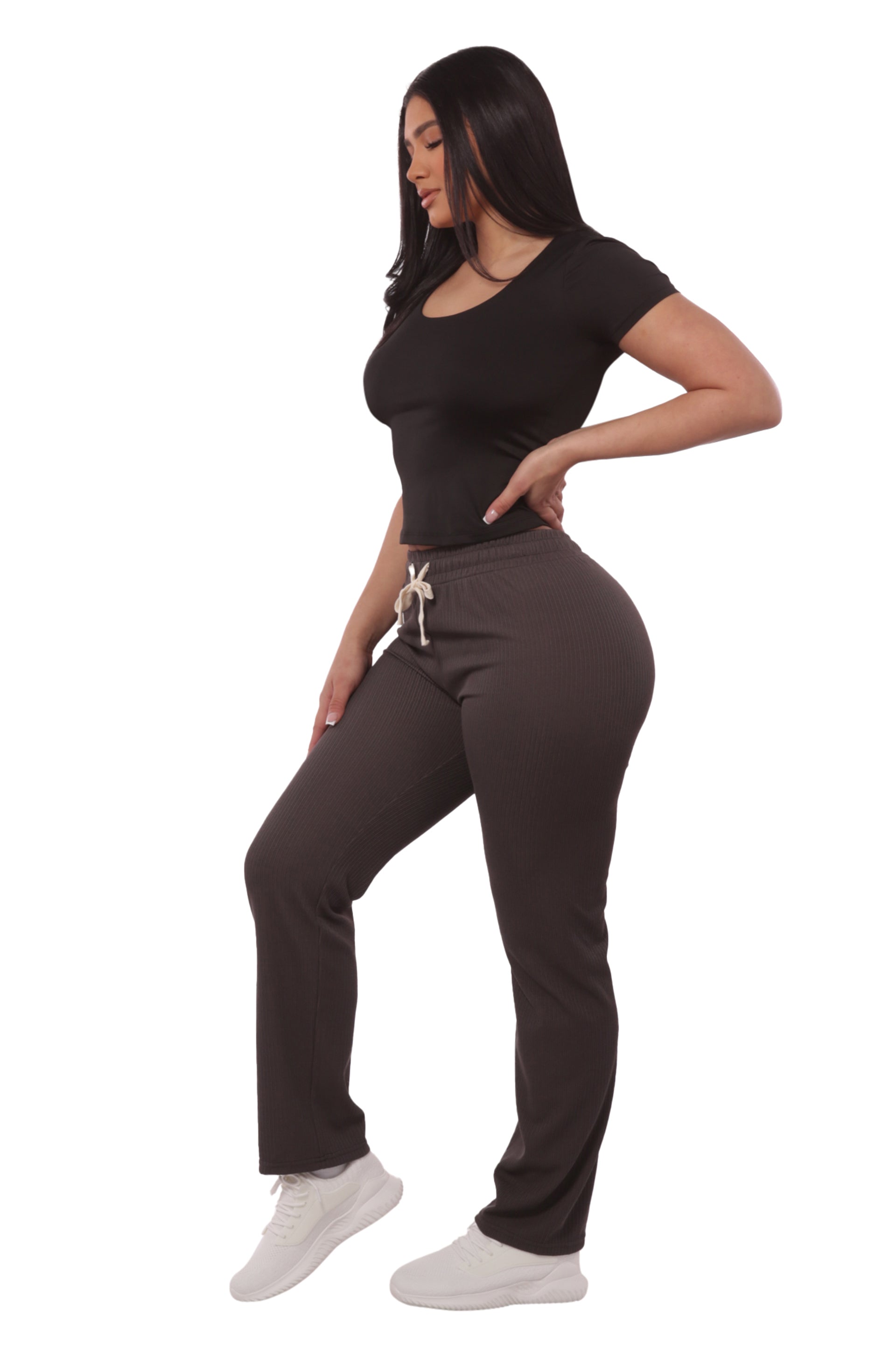 Wholesale Womens Rib Knit Straight Leg Pants With Drawstrings - Charcoal - S&G Apparel