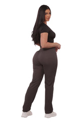 Wholesale Womens Rib Knit Straight Leg Pants With Drawstrings - Charcoal - S&G Apparel