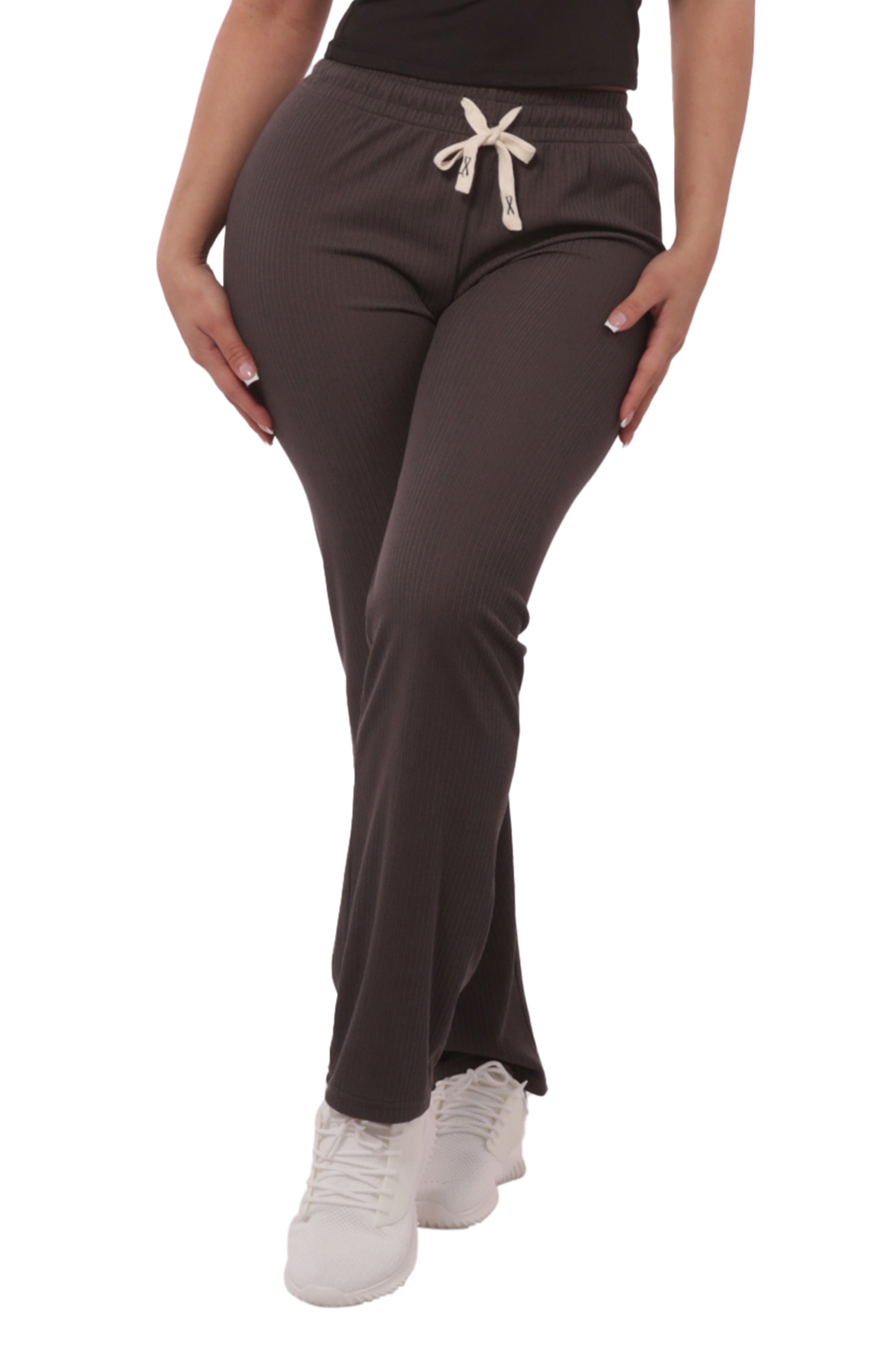 Wholesale Womens Rib Knit Straight Leg Pants With Drawstrings - Charcoal - S&G Apparel