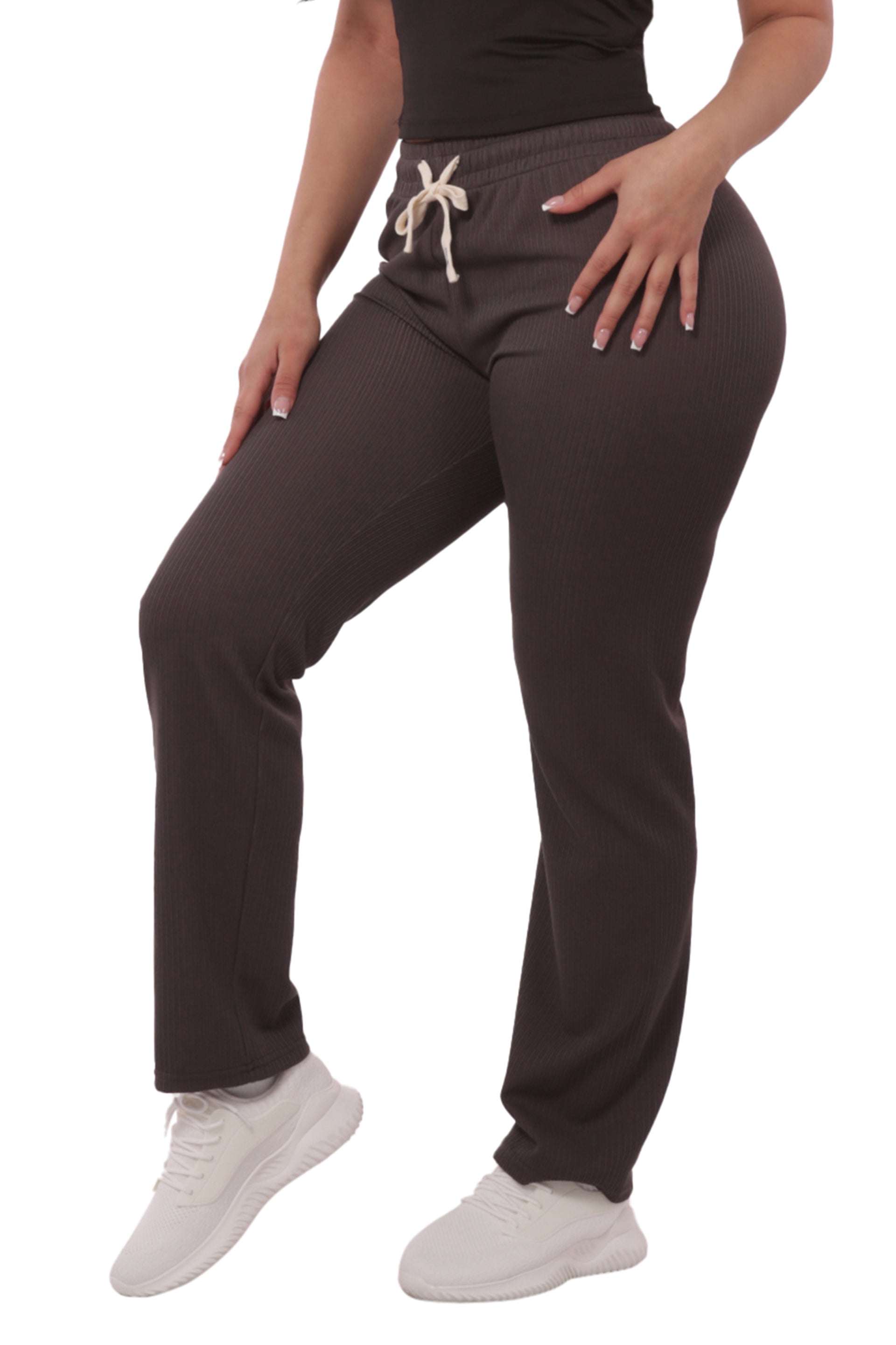 Wholesale Womens Rib Knit Straight Leg Pants With Drawstrings - Charcoal - S&G Apparel