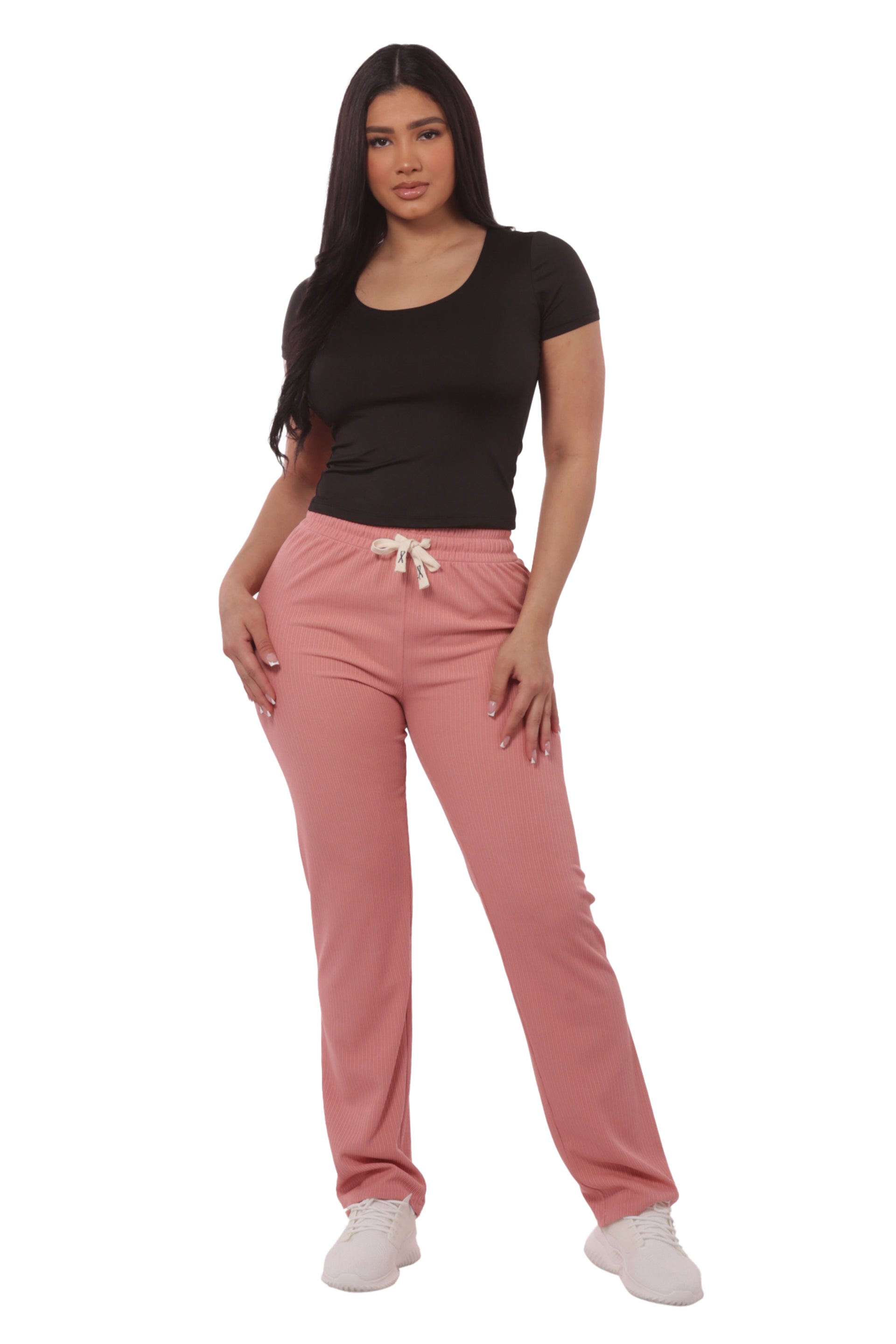 Wholesale Womens Rib Knit Straight Leg Pants With Drawstrings - Pink - S&G Apparel