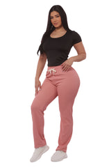 Wholesale Womens Rib Knit Straight Leg Pants With Drawstrings - Pink - S&G Apparel