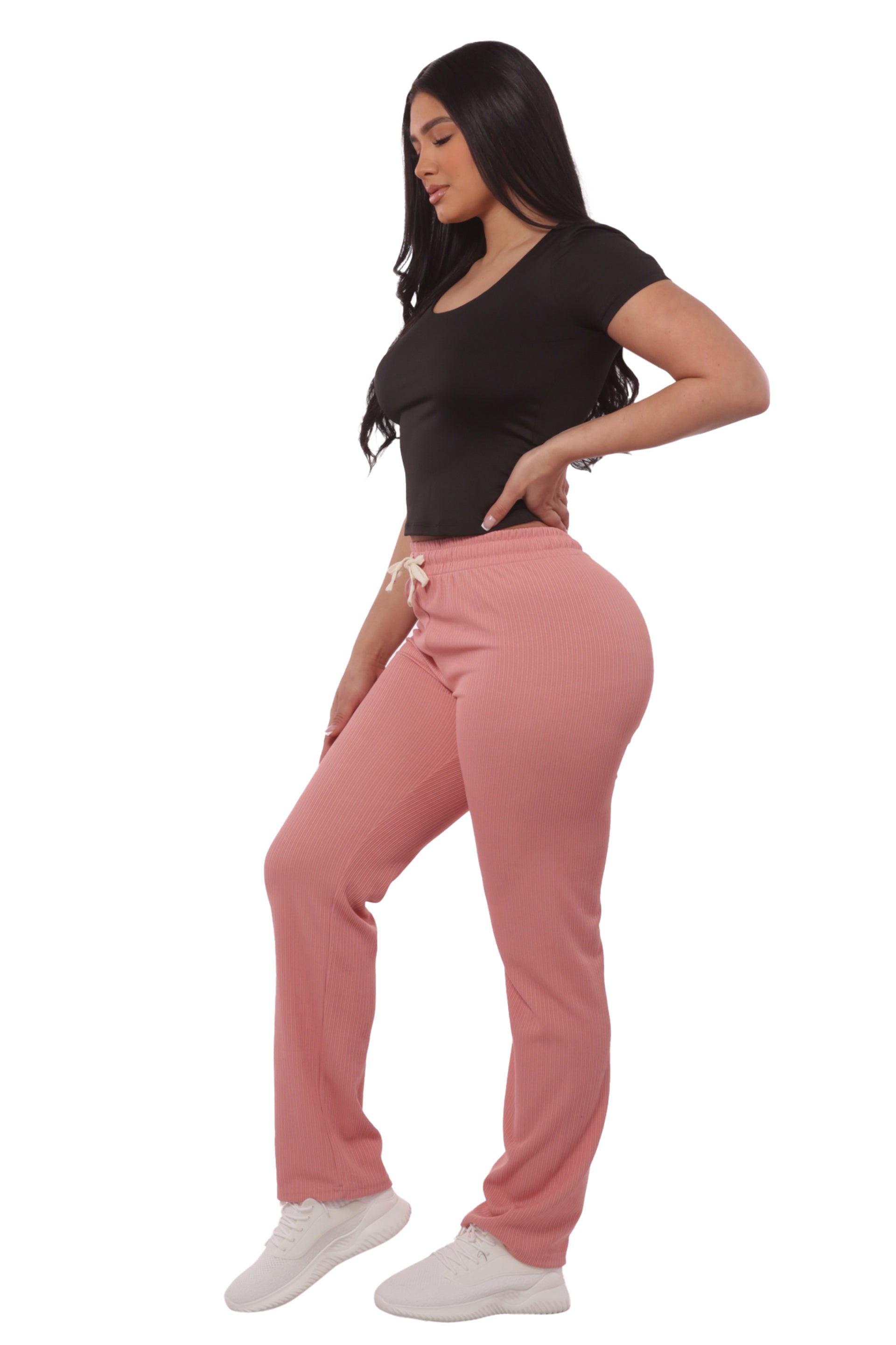 Wholesale Womens Rib Knit Straight Leg Pants With Drawstrings - Pink - S&G Apparel