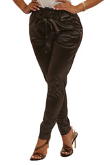 Wholesale Womens Satin Paperbag Waist Pants With Front Tie & Pockets - Black - S&G Apparel