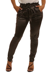 Wholesale Womens Satin Paperbag Waist Pants With Front Tie & Pockets - Black - S&G Apparel