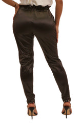 Wholesale Womens Satin Paperbag Waist Pants With Front Tie & Pockets - Black - S&G Apparel