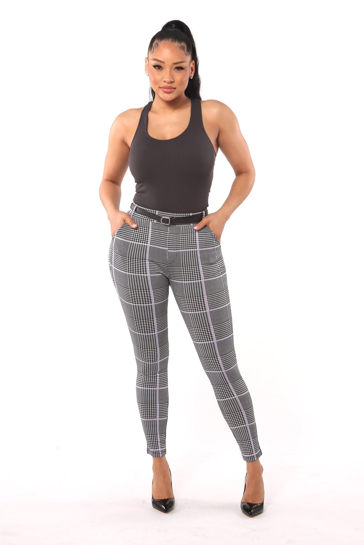 Wholesale Womens Sculpting Treggings With Faux Leather Belt - Black, White, Mauve Plaid Houndstooth - S&G Apparel