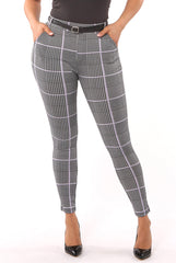 Wholesale Womens Sculpting Treggings With Faux Leather Belt - Black, White, Mauve Plaid Houndstooth - S&G Apparel