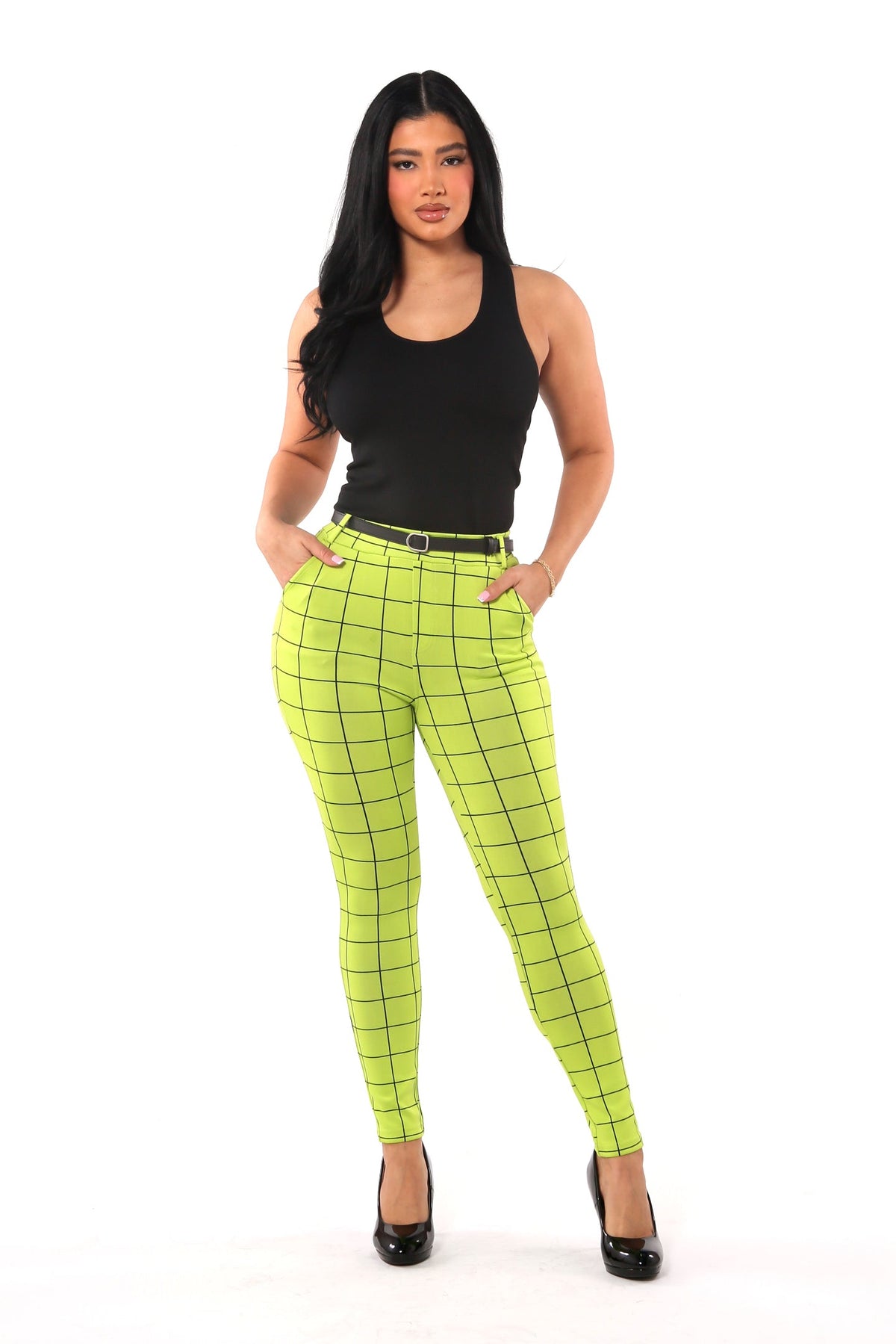 Wholesale Womens Sculpting Treggings With Faux Leather Belt - Green & Black Plaid - S&G Apparel