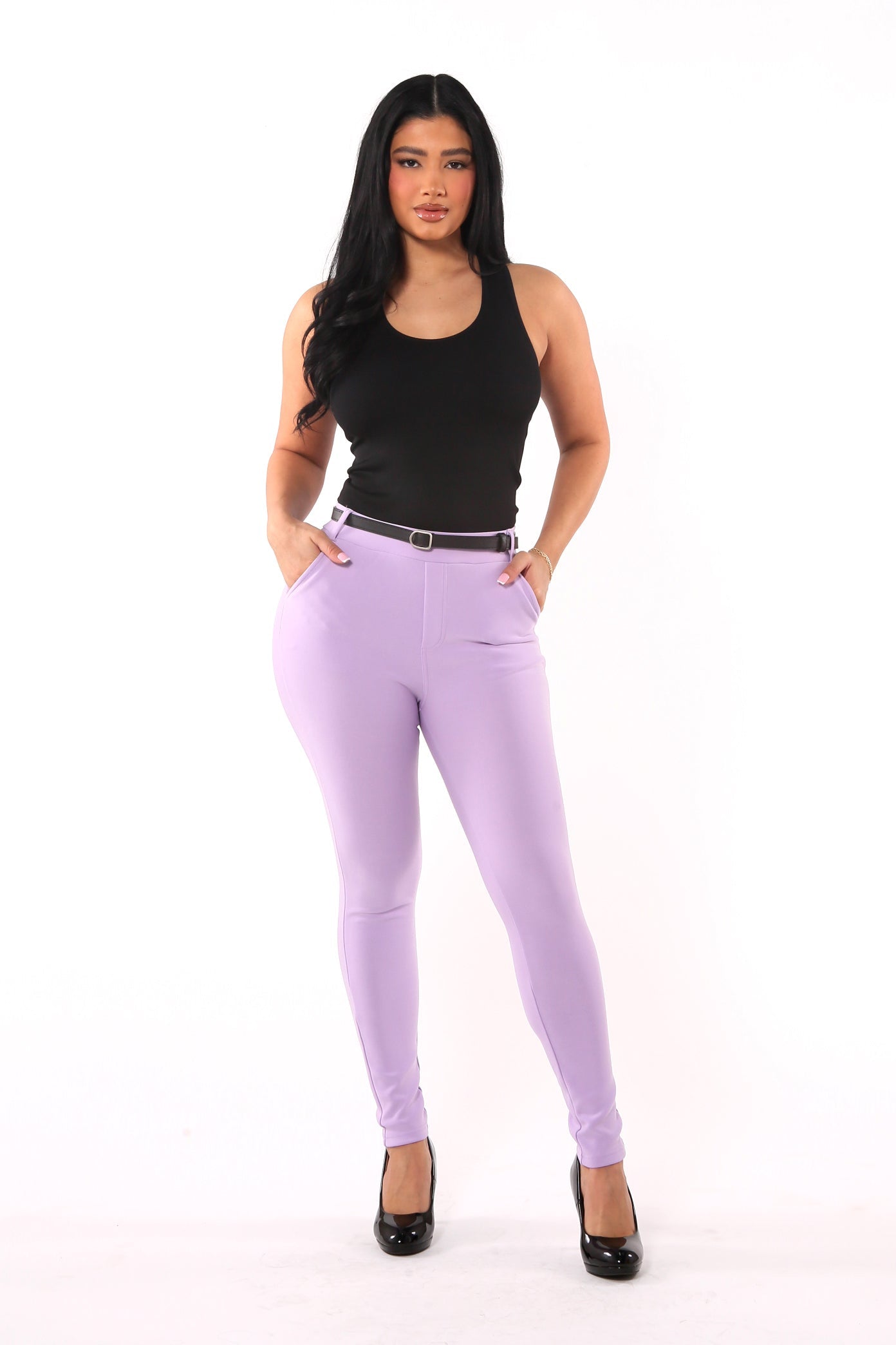 Wholesale Womens Sculpting Treggings With Faux Leather Belt - Purple Rose - S&G Apparel