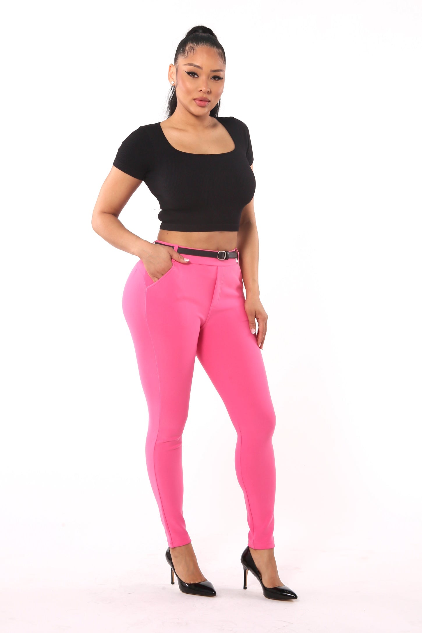 Wholesale Womens Sculpting Treggings With Faux Leather Belt - Sangria Sunset - S&G Apparel