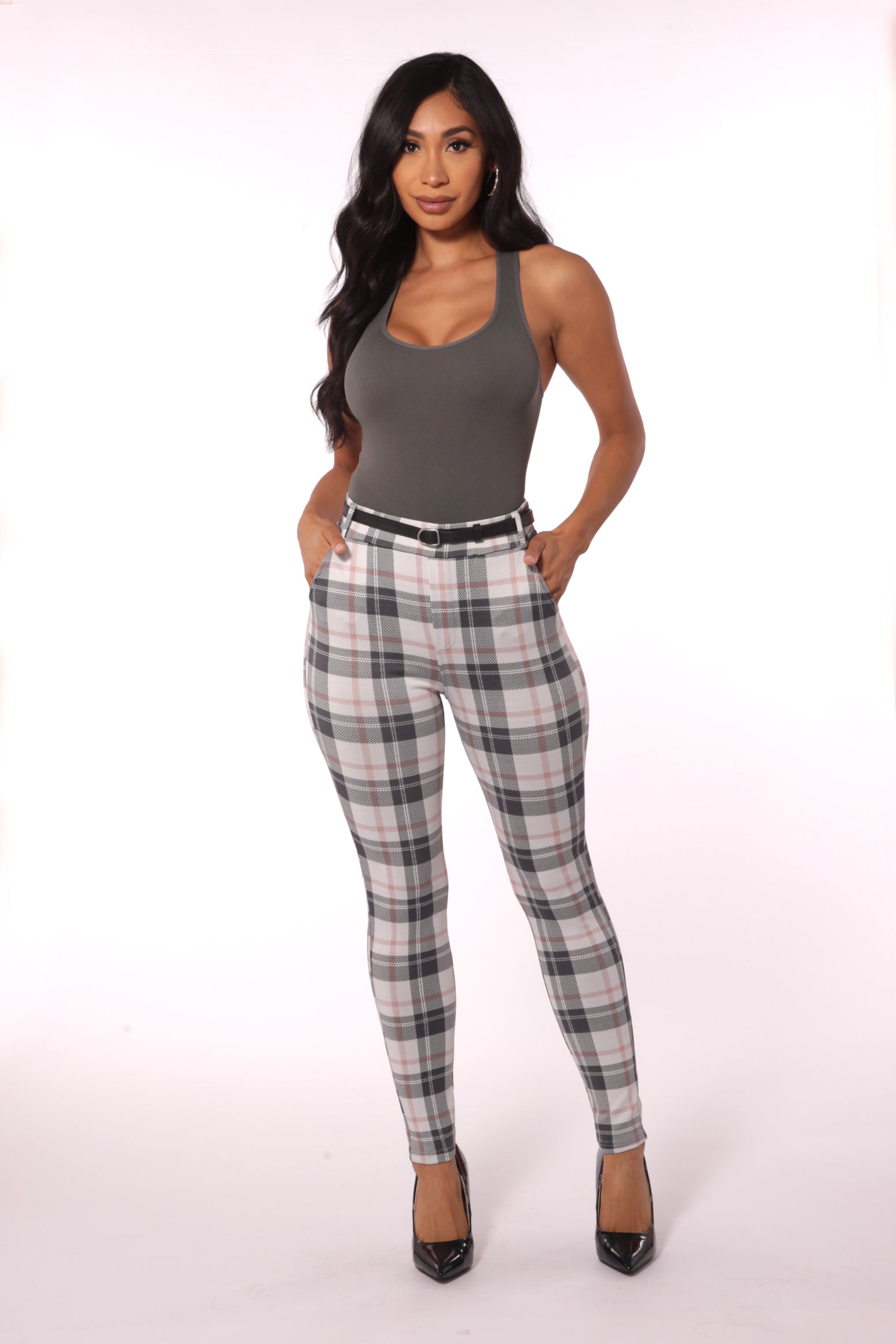 Wholesale Womens Sculpting Treggings With Faux Leather Belt - White, Sage Plaid - S&G Apparel