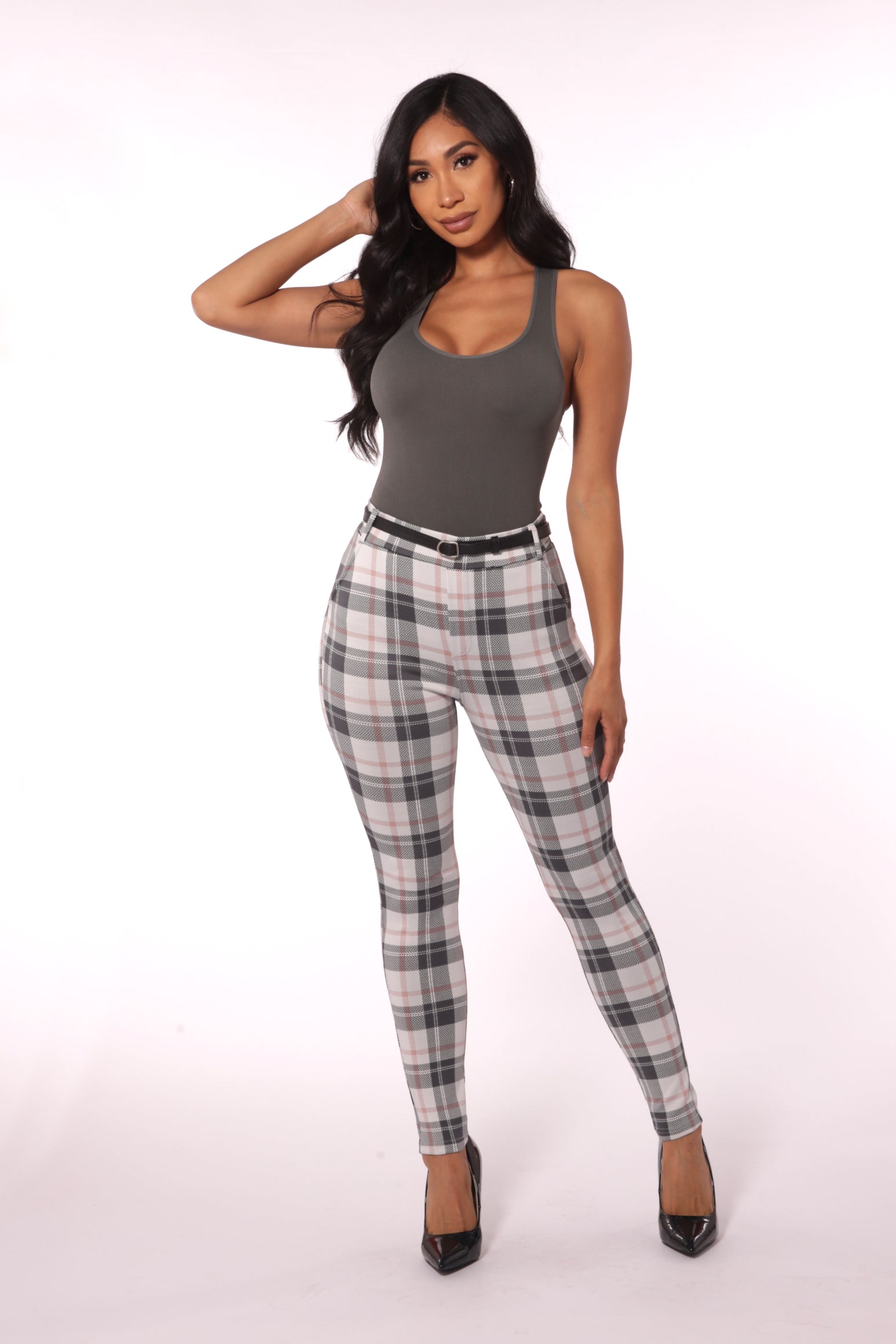 Wholesale Womens Sculpting Treggings With Faux Leather Belt - White, Sage Plaid - S&G Apparel