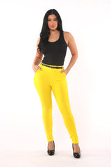 Wholesale Womens Sculpting Treggings With Faux Leather Belt - Yellow - S&G Apparel