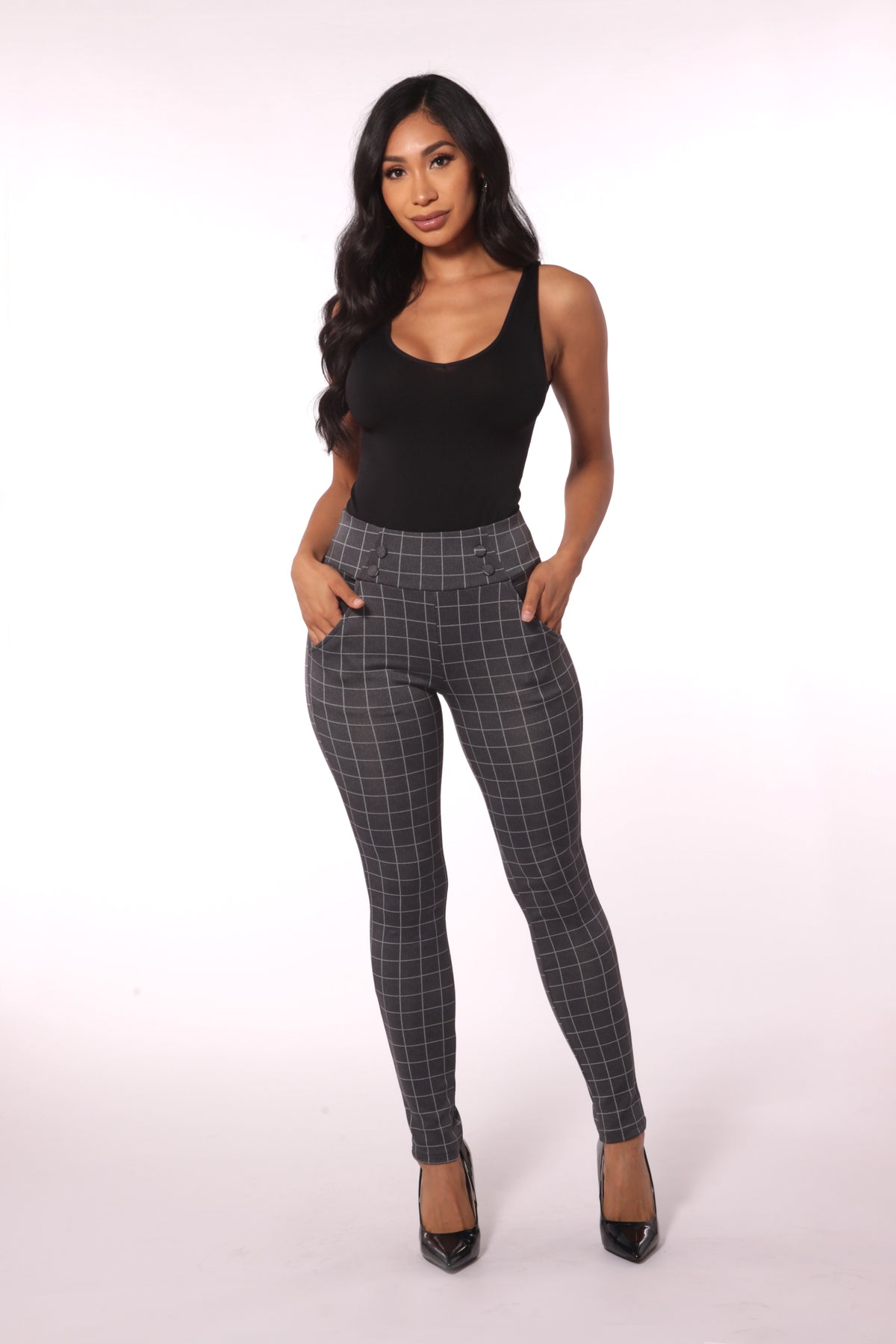 Wholesale Womens Sculpting Treggings With Waist Button Detail - Gray & White Plaid - S&G Apparel