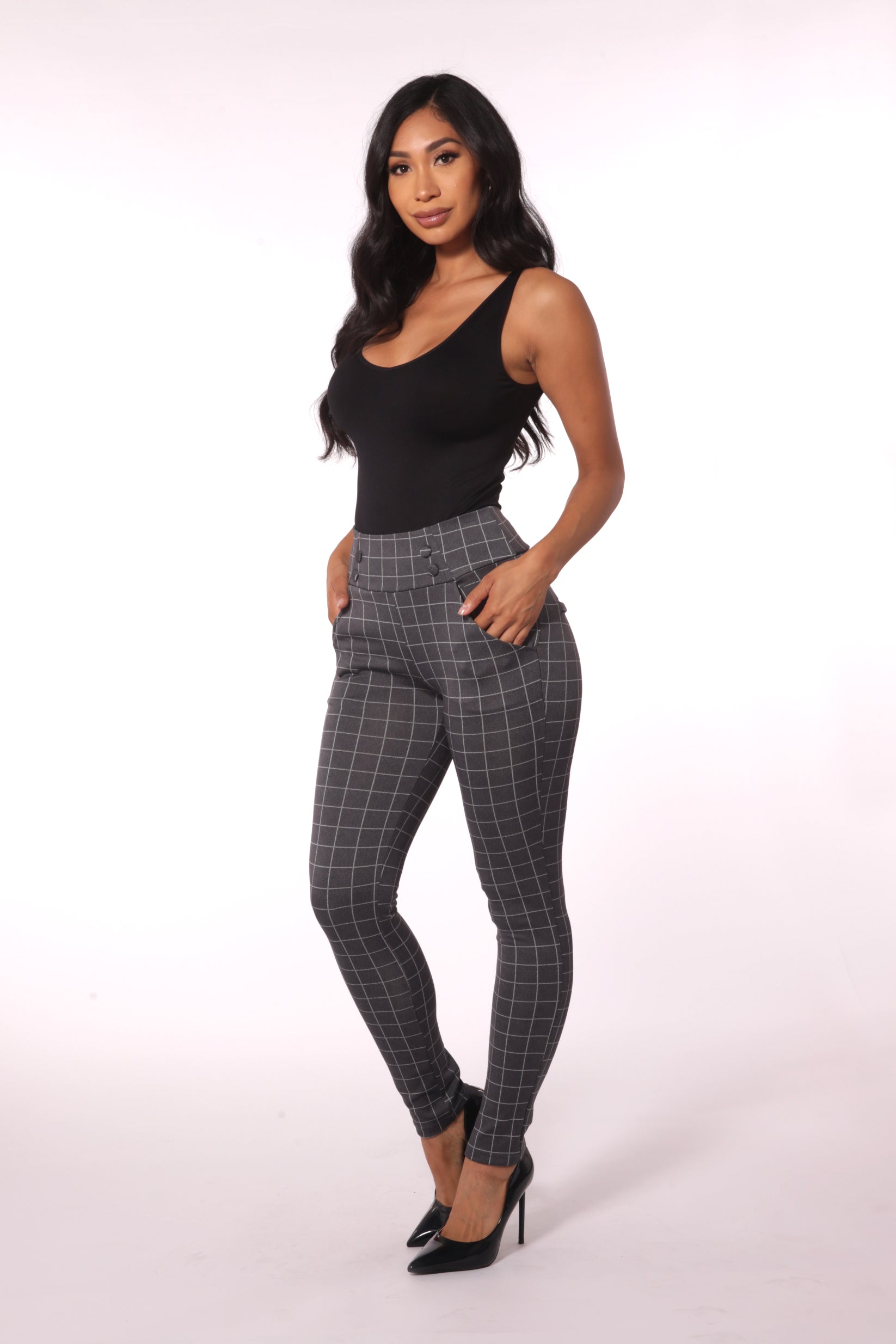 Wholesale Womens Sculpting Treggings With Waist Button Detail - Gray & White Plaid - S&G Apparel