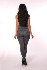 Wholesale Womens Sculpting Treggings With Waist Button Detail - Gray & White Plaid - S&G Apparel